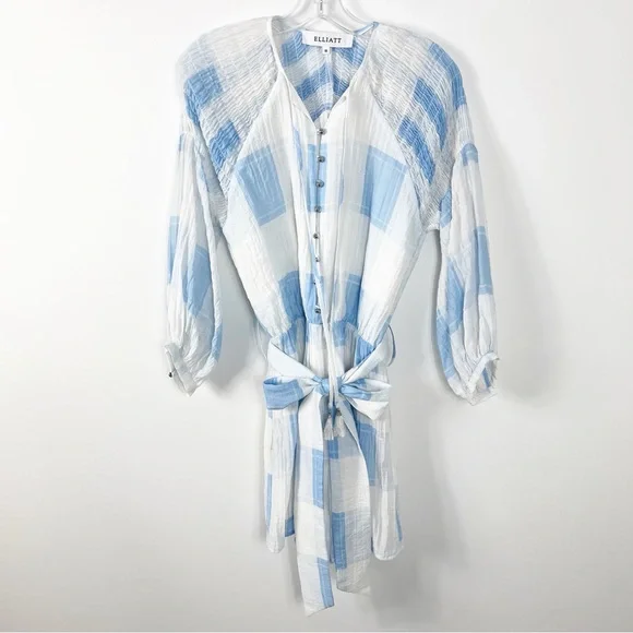 Elliatt Jasmine Plaid Belted Romper Size Medium Blue Checkered - Picture 2 of 6